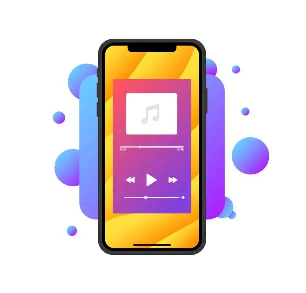 Vector illustration of Listen to music. Realism, color, music play on iPhone, listen to music everywhere. Vector illustration.