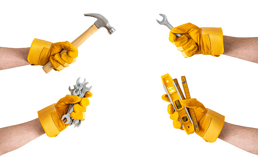 Set of Worker hands with safety glove and tools, isolated on white