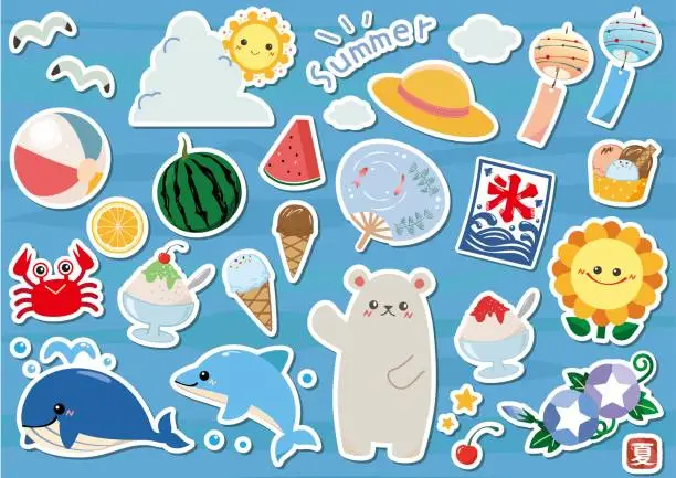 Vector illustration of Cute summer motif set of food and animals 2