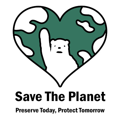 Earth Day Characters Vector Art Illustration. 
Polar Bear pleads for help in a heart-shaped earth planet, Save The Planet, Sustainability, and Environmental Protection.