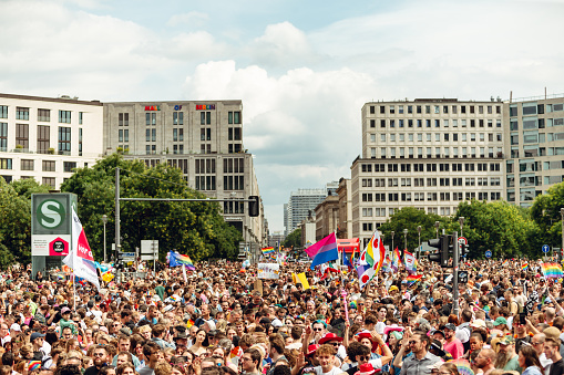 Berlin, Germany, Europe - July 22, 2023: Many participants of event. General view of a large crowd on the street. LGBTQIA+ pride in Germany.