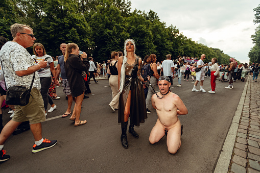 Berlin, Germany, Europe - July 22, 2023: naked people on the roadduring Christopher Street Day In Berlin, CSD 2023. LGBTQIA+ pride in Germany.