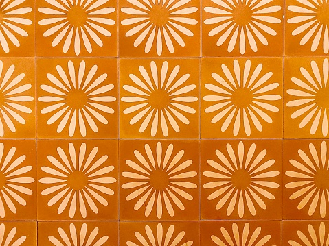 Horizontal orange yellow white terracotta sun flower square floor and wall tiles design pattern