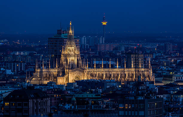 Duomo di Milano at dusk. Milan, Italy. View of Duomo di Milano, seen from a skyscraper in the downtown. milan stock pictures, royalty-free photos & images