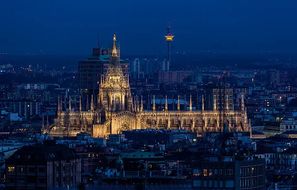 View of Duomo di Milano, seen from a skyscraper in the downtown.