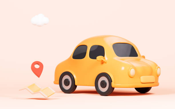 istock Cartoon yellow car and map in the yellow background, 3d rendering. 1568617415