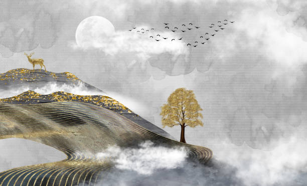 istock 3d illustration landscape wallpaper. Mountains, tree, golden deer and clouds in light gray background. mural bed room decoration 1568620559