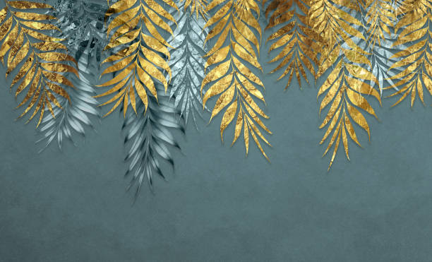 istock 3d classic wallpaper. golden branches tree leaves in drawing mural in light blue background. for bedroom decor 1568625430