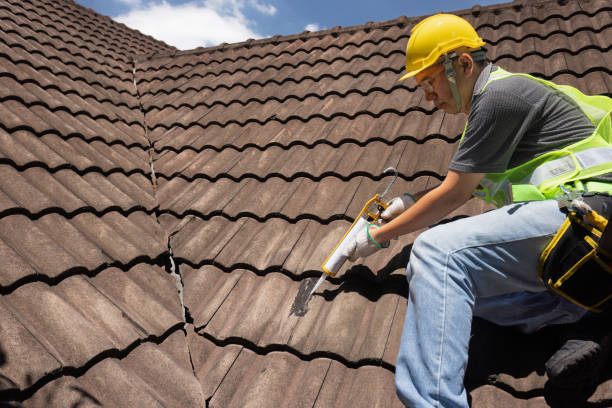 istock Worker man using silicone sealant adhesive  to fix crack of the old tile roof. 1568634203