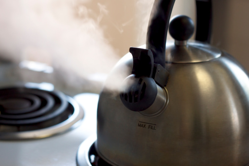 A close up of steaming tea kettle.