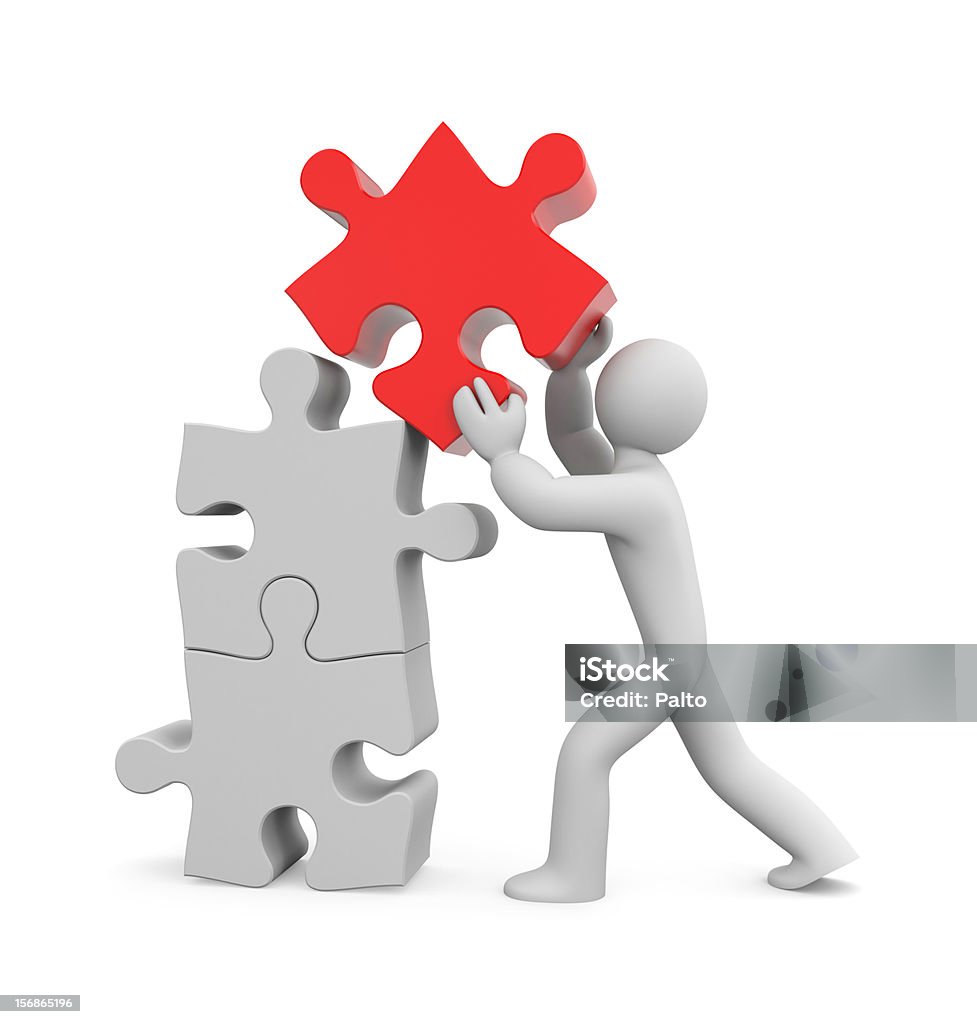 Persona de apilamiento, rojo puzzle piezas en blanco piezas - Foto de stock de Actividad libre de derechos