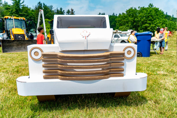 Woodbridge, Canada - July 1, 2023: People are celebrating Canada Day in Boyd Conservation Park. A cardboard pickup vehicle parking in the park for tourists to watch, Woodbridge, Ontario, Canada.