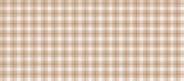 Vector illustration of Gingham seamless pattern. Light beige and white vichy background texture. Checkered tweed plaid repeating wallpaper. Natural nude tartan fabric and textile swatch design. Vector