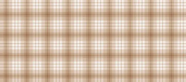 Vector illustration of Brown gingham seamless pattern. Beige and white vichy background texture. Checkered tweed plaid repeating wallpaper. Natural nude tartan fabric and textile swatch design. Vector backdrop