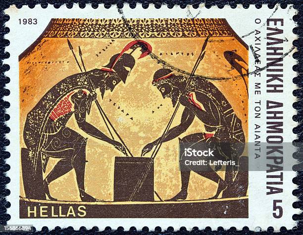 Greek Stamp Shows Achilles Throwing Dice With Ajax Stock Photo - Download Image Now