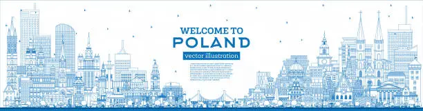 Vector illustration of Outline Poland City Skyline with Blue Buildings. Vector Illustration. Concept with Modern Architecture. Poland Cityscape with Landmarks.