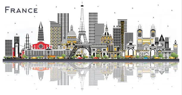 Vector illustration of France Skyline with Gray Buildings and Reflections Isolated on White.