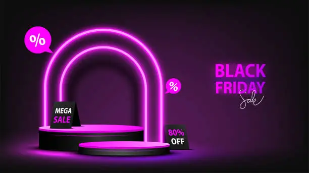 Vector illustration of Black Friday Sale. Podium with pink neon lighting and sale-label elements. Pedestal scene with for product, advertising, show, and award ceremony on Black background. Vector illustration.