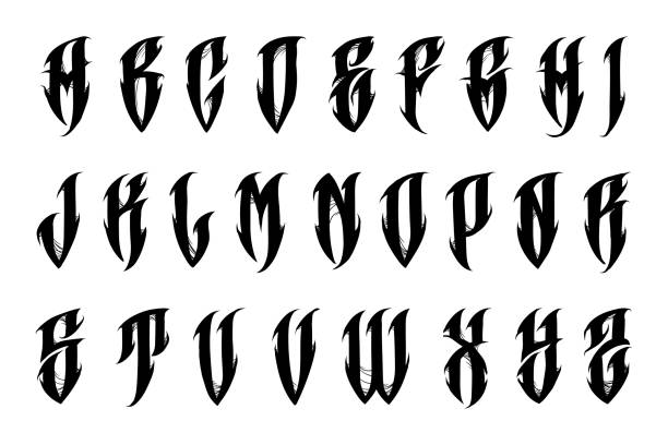 문신 고딕 스타일의 알파벳. 고딕 스타일의 트렌디한 편지. 흰색 배경에 분리된 그림입니다. 벡터 eps 10 - letterpress gothic style typescript alphabet stock illustrations