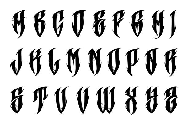 ilustrações de stock, clip art, desenhos animados e ícones de alphabet in the tattoo gothic style. trendy letters in goth style. illustration isolated on white background. vector eps 10 - gothic style letterpress alphabet typescript