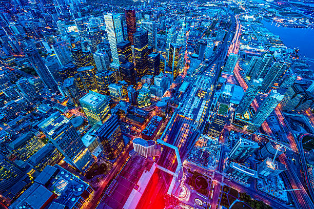 Toronto financial district cityscape at dusk, Ontario, Canada.