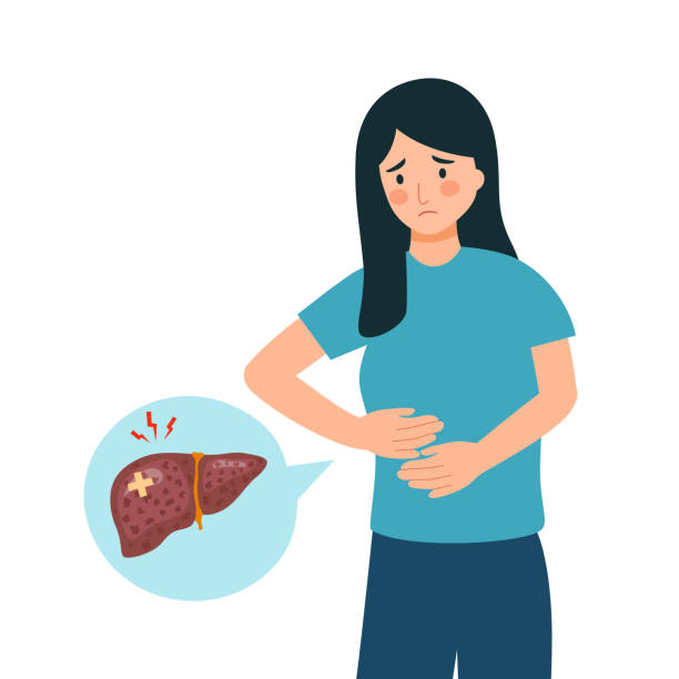 Woman with liver disease in flat design on white background. Liver cirrhosis or cancer. vector art illustration