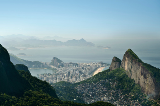 Rio de Janeiro Aerial view with Two Brothers Mountain, Ipanema in background and Rocinha favela in foreground