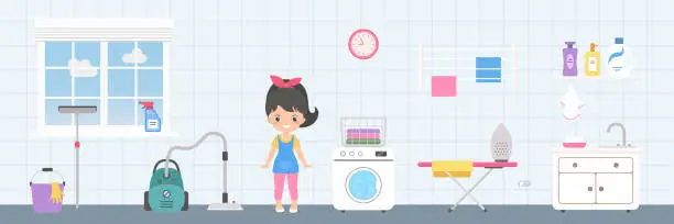 Vector illustration of Laundry room with chibi girl and appliances and cleaning tools for home