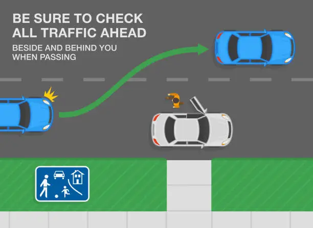 Vector illustration of Safe car driving tips and traffic regulation rules. Blue sedan car passing white car on road. Be sure to check all traffic ahead before overtake in residential area.