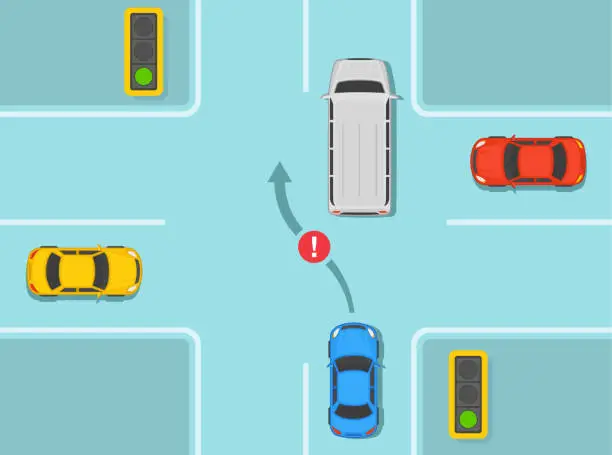 Vector illustration of Safe driving tips and traffic regulation rules. Blue sedan car is about to change the position on two lane road. No overtaking or do not pass on crossroads rule.