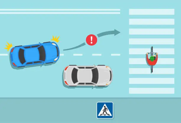 Vector illustration of Safety driving and traffic regulation rules. All drivers must stop for a pedestrian in a crosswalk. Overtaking or passing rules on the road. Top view.