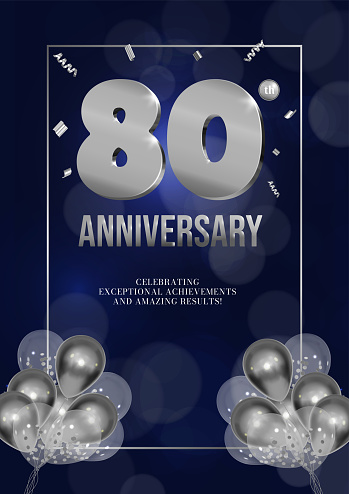 Anniversary celebration flyer silver numbers dark background design with realistic balloons vector 80