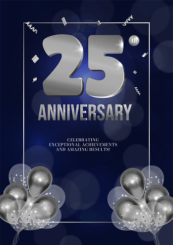 Anniversary celebration flyer silver numbers dark background design with realistic balloons vector 25