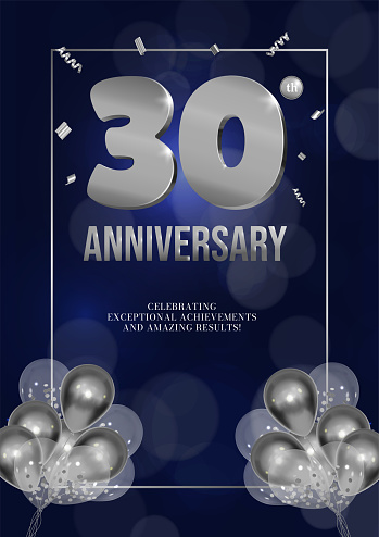 Anniversary celebration flyer silver numbers dark background design with realistic balloons vector 30