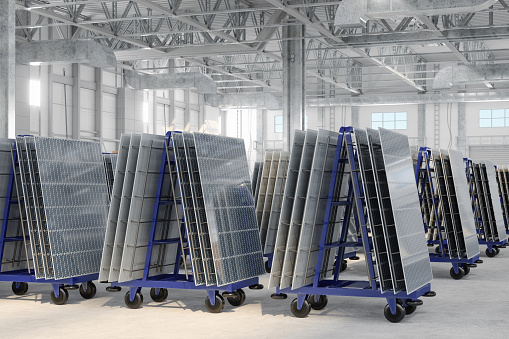 Industrial Warehouse Interior With Close-up View Of Solar Panels