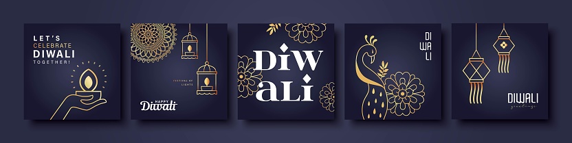 Set of black and golden color Diwali design with peacock, flowers, lights and hanging decorations.