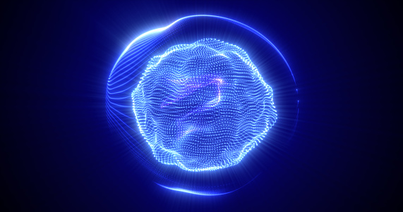 Abstract blue energy sphere from particles and waves of magical glowing on a dark background.