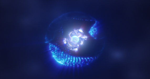 Abstract blue energy sphere with flying glowing bright particles, science futuristic atom with electrons hi-tech background.