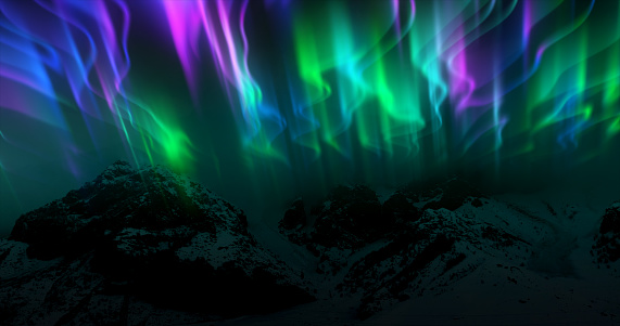 The abstract background of the multi -colored northern lights and mountains in the north, a bright iridescent realistic light light in the sky.