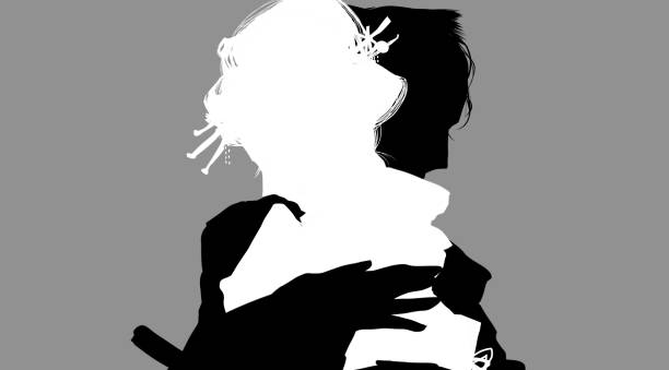 istock A young woman embraces and bids farewell to a lonely young samurai during the Edo period, silhouetted in a black-and-white kirie-e style 1568777884