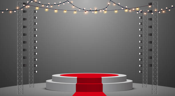 istock white podium with hanging neon light and colorful light in white room 1568810421