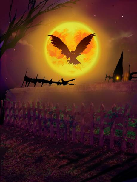 istock Horror background illustration of a lonely cemetery with moonlight shining and a flying owl on a weird Halloween night. 1568812483