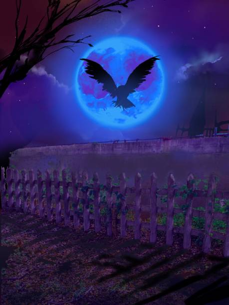 istock Horror background illustration of a lonely cemetery with moonlight shining and a flying owl on a weird Halloween night. 1568812484