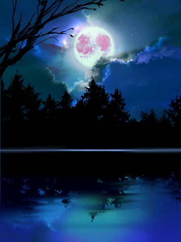 Mysterious background illustration of a full moon shining on a beautiful night and moonlight reflecting on a lake.