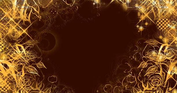 istock Japanese painting style framed background with dancing gold leaf, gold dust, and sand dots Wide size illustration black background 1568823008
