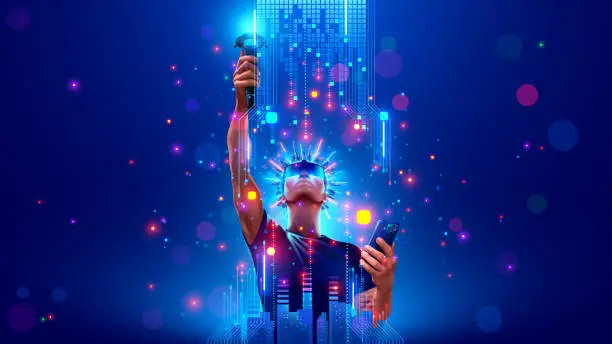 Vector illustration of VR video game gamer with 3d gamepad, virtual reality headset glasses in cyberspace of metaverse. Man look at up, holds above his head AR VR controller of computer video games. Digital entertainment.