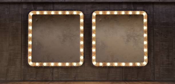 istock Illuminated billboard billboard blank glow sign on the wall retro style frame with glowing neon bulbs Isolated on background 3D illustration 1568830817