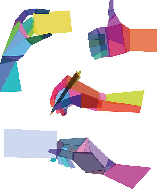 ilustraciones, imágenes clip art, dibujos animados e iconos de stock de colorido polygonal manos - template business business card holding