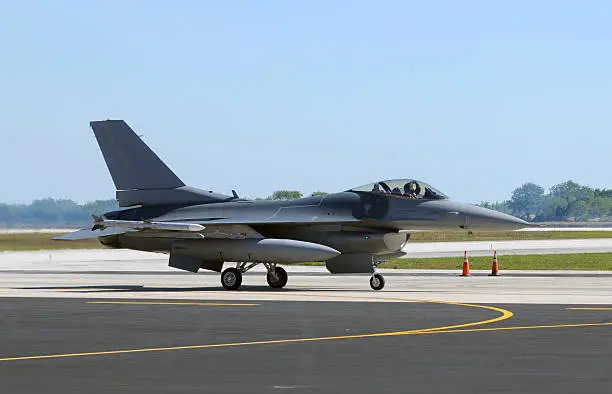 Air Force jetfighter taxiing after landing