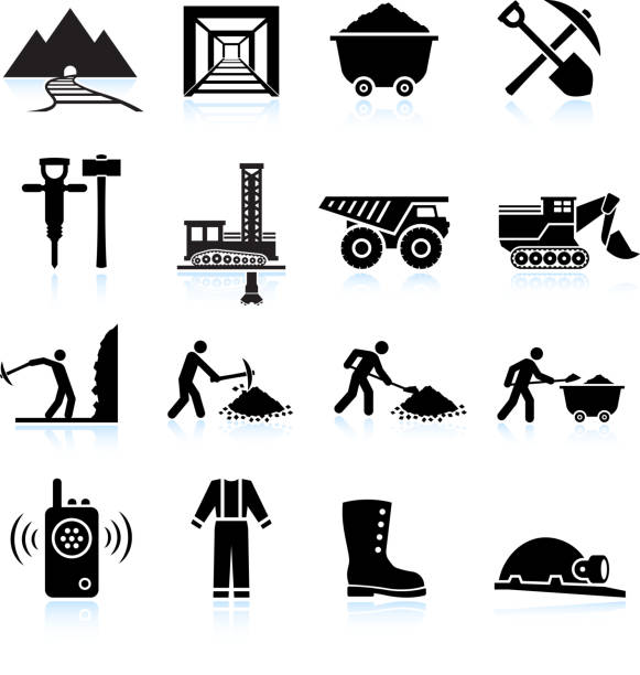 Mining Workers and Drilling black & white vector icon set Mining Workers and Drilling black & white icon set mining natural resources stock illustrations